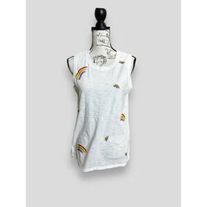 NWOT White Slub Knit Tank Top Easy Tee Brushstroke Rainbows Large